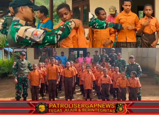Satgas Yonif 123/Rajawali Tebar Kepedulian di Papua Selatan, Bagikan Seragam Pramuka untuk Siswa SD Negeri