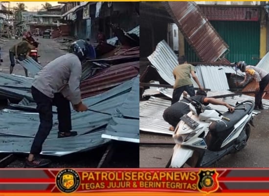 Polisi Sigap Bantu Warga Terdampak Angin Kencang di Pasar Keude Gedong, Imbau Tingkatkan Kewaspadaan