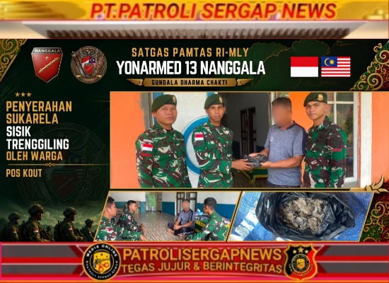 Gencarkan Komsos dan Edukasi Hukum, Satgas Pamtas Yonarmed 13/Nanggala Terima Penyerahan Sukarela ±1 Kg Sisik Trenggiling dari Warga Perbatasan